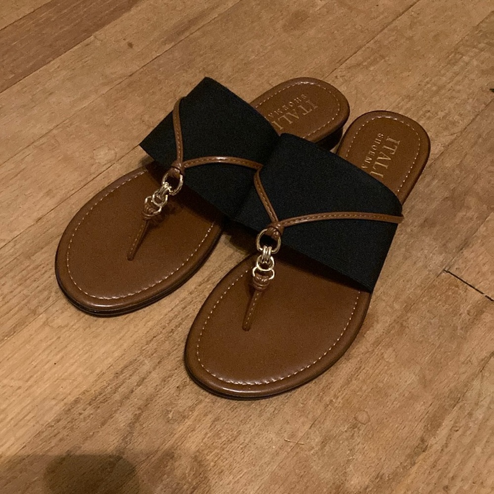 Italian Shoemakers Black and Brown Sandals with Metallic Embellishments